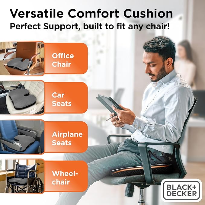 BLACK+DECKER Quilted Knit Memory Foam Seat Cushion U Seat Cushion for Office Chair, Car, Wheelchair & Airplane – Ergonomic, Pain Relief, Non-Slip Backing, Washable Cover, Grey/Black