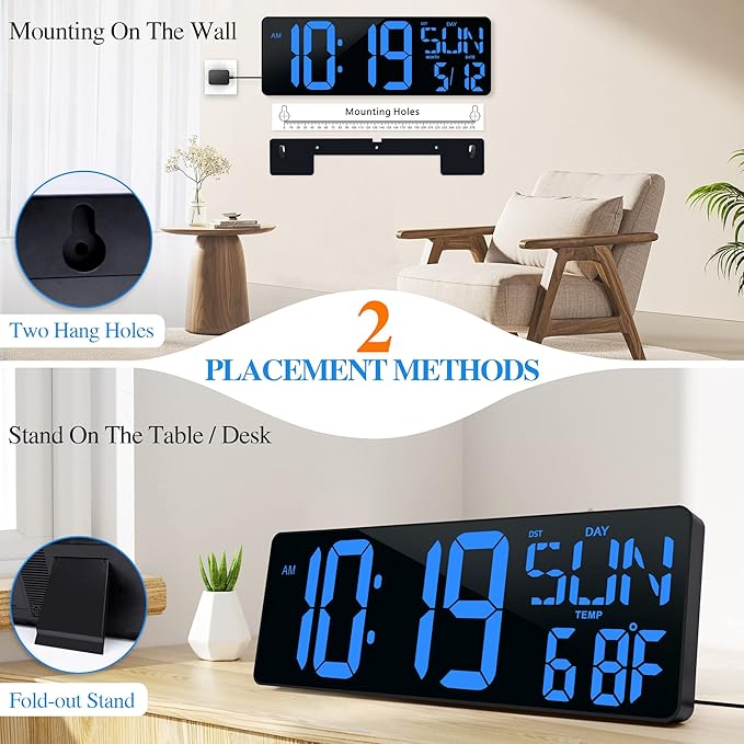 Large Digital Wall Clock with Remote Control 17.2" LED Large Display Timer with Temperature Date Week Auto DST Adjustable Brightness, Big Wall Alarm Clock for Living Room Office Garage Gym Seniors