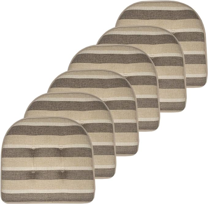 Sweet Home Collection Chair Cushion Memory Foam Pads Tufted Slip Non Skid Rubber Back U-Shaped 17" x 16" Seat Cover, 6 Pack, Bradford Beige/Brown, (Pack of 2)