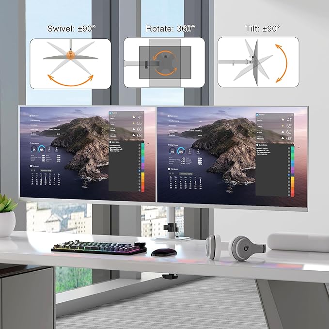 Pholiten Dual Monitor Stand, Heavy Duty Adjustable Monitor Arm Desk Mount for 2 Screens up to 42Inches, Tilt, Swivel, Rotate, Supports Tilt, Swivel, Rotate, Supports 22 lbs per Arm,Silver