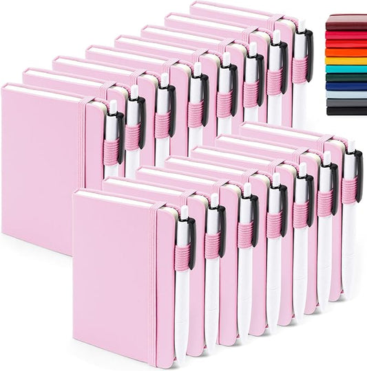 feela 15 Pack Pocket Small Notebooks Bulk, Mini Cute Memo Notepads Hardcover College Ruled Lined Journals with Pen Holder for Women Girls Office School, with 15 Black Pens, 3.5”x 5.5”, A6, Rose Pink