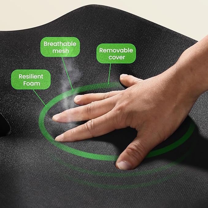 Benazcap Large Seat Cushion for Office Chair Memory Foam Coccyx Pain Relief Cushion Pillow for Back Support Non-Slip Seat Pad for Office Desk, Car Seat, Wheelchair, Sciatica