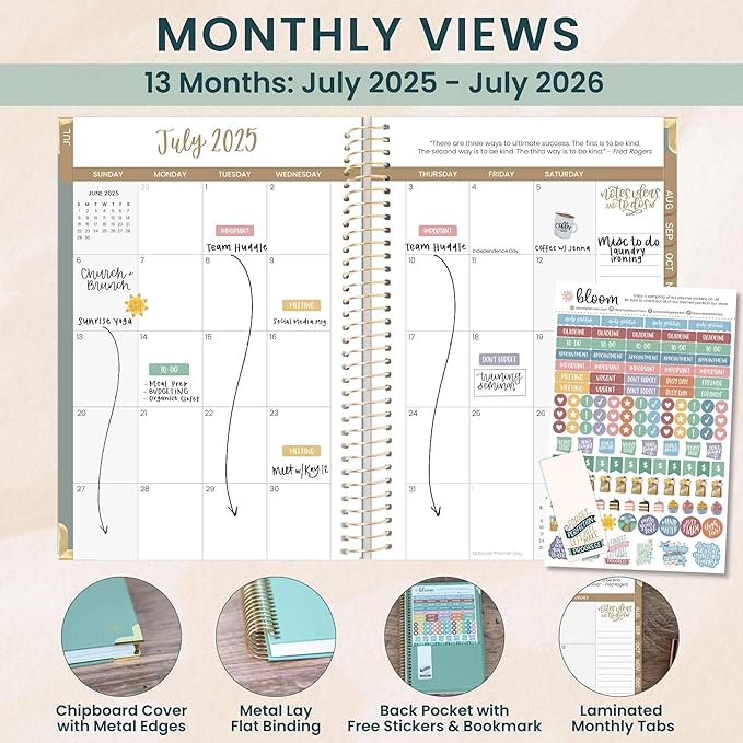 bloom daily planners HARDCOVER 2025-2026 Academic Year Planner (July 2025 - July 2026) - A5 Task Goal Organizer - Aesthetic Monthly & Weekly Inspirational Agenda Book - 5.5" x 8.25" - Green Linen