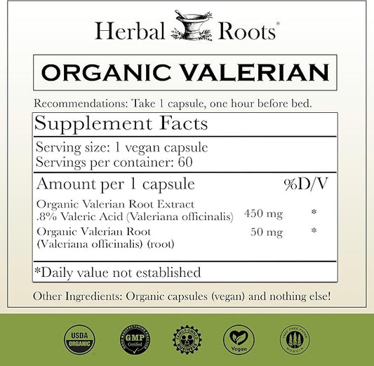 Herbal Roots Pure Organic Valerian Root Capsules - 900 mg - Non-Habit Forming with no Melatonin, Non-GMO - 60 Count Vegan Capsules, Herbal Supplement