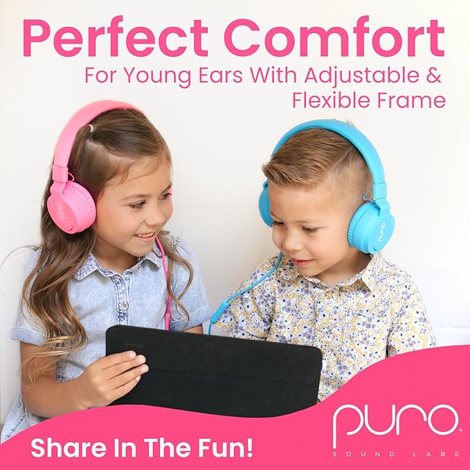 Puro Sound Labs PuroBasic Kid Headphones with Cord - Volume-Limiting & Adjustable with Microphone – Compatible with Smartphones, Tablets, PCs, and More – Safe, Durable Headphones for Kids – Pink