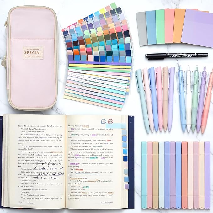 135 Pcs Book Annotation Kit Aesthetic Pencil Case Bag with 12 Highlighter 11 Gel Pen 1 Marker 300 Sheets Transparent Sticky Notes Pads 2640 Index Tabs Bible Study Supplies for School Gift(Pink)
