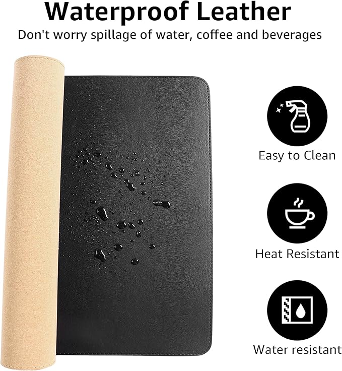 PU Leather Desk Mat, Large Mouse Pad with Cork Base, Writing Desk Blotter, Desk pad for Keyboard and Mouse,Keyboard mat for Desk Decor-Computer Mouse Pad(Black, 31.5x15.7in)