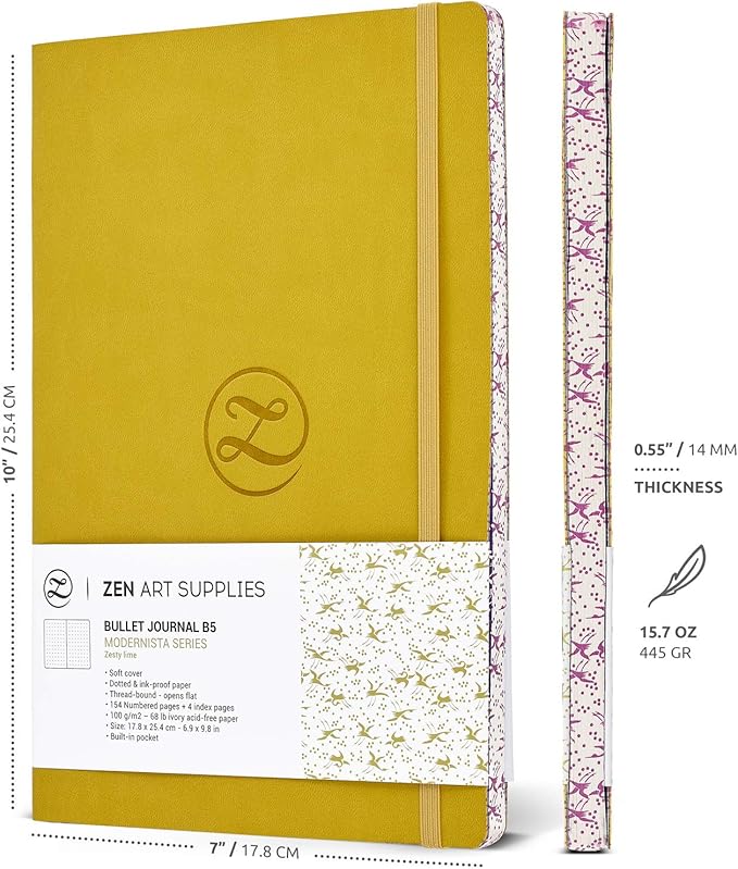 Lay Flat Large B5 Dotted Journal - Enjoy Bullet Journaling with a Soft Cover 7x10-inch, Non-Bleed Thick 120gsm Paper, Dot Journal in Yellow, Japanese Edge Motif - Faux Leather Dot Notebook - ZenART