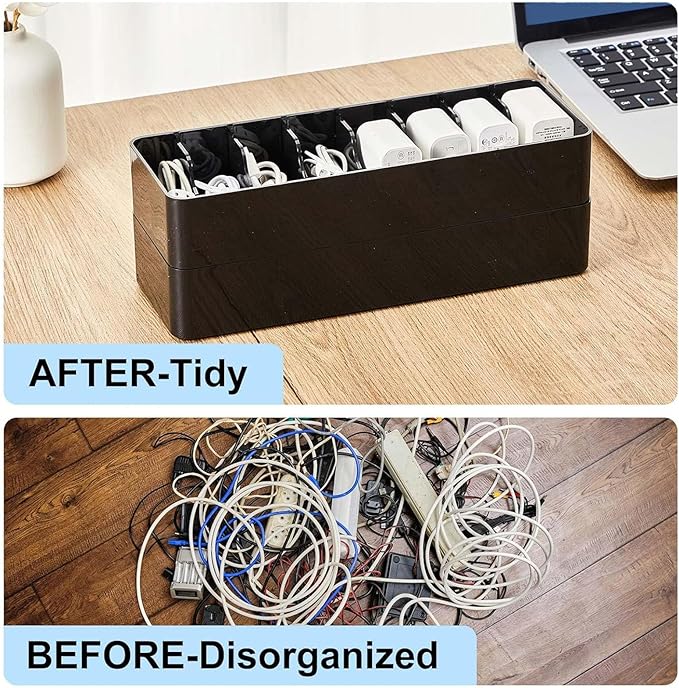 Tatuo 4 Pcs Cable Organizer Box with Wire Ties, Plastic Cord Storage Box with Lid, Electronics Organizer for Home Office Desk Organizers and Accessories (10.79'' X 3.78'' X 1.97'',Black)