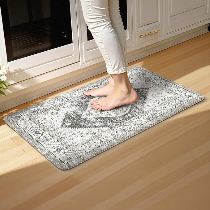 KIMODE Anti Fatigue Kitchen Mats for Floor,17.3" x 29" Cushioned Boho Vintage Grey Kitchen Rugs,Non-Slip Waterproof Kitchen Sink Standing Mat Wipe Clean for Kitchen,Laundry Floor