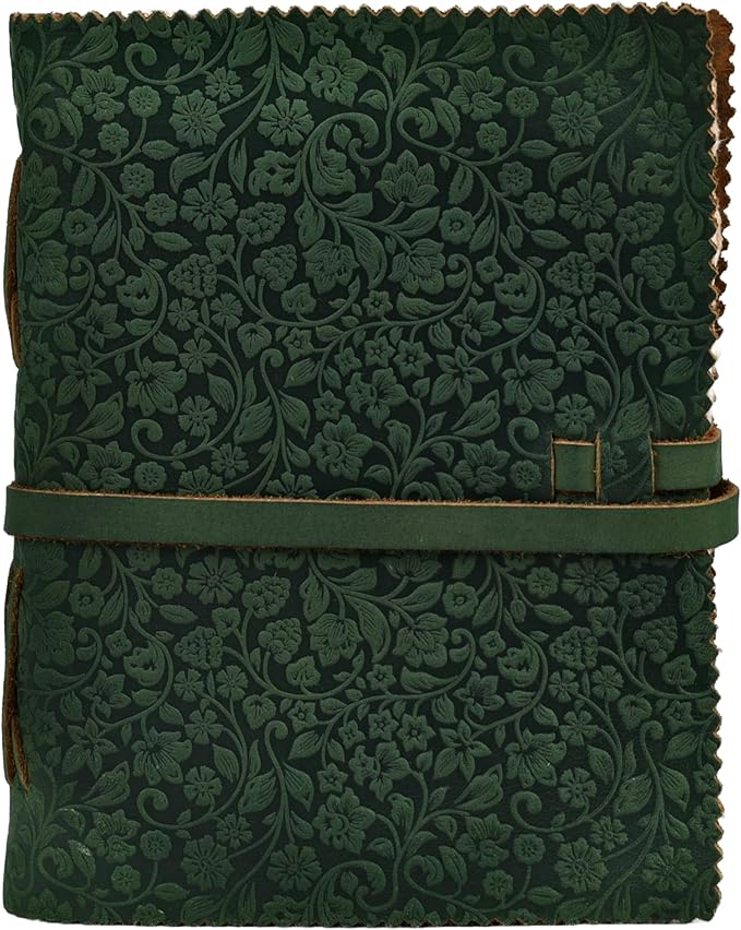 LEATHER VILLAGE Leather Bound Floral Embossed Journal for Women Men - 200 Pages, 6”X4”(A6), Green - Book of Shadows, Vintage Blank Paper Travel Diary, Notebook for Writing, Drawing, Sketchbook
