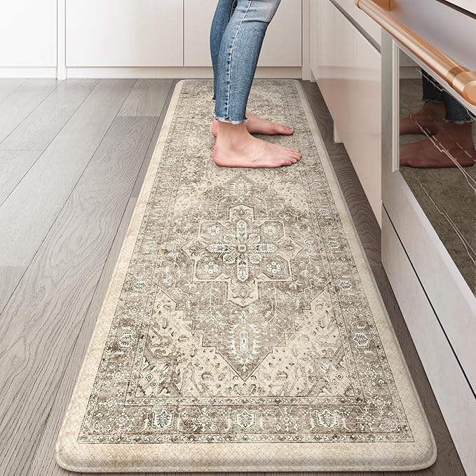 KIMODE Anti Fatigue Kitchen Mat, Cushioned Boho Oriental Kitchen Runner, Non Slip Waterproof Kitchen Mat for Floor, Comfort Foam Standing Desk Mat for Laundry, Office, Sink Khaki 17.3"x59"