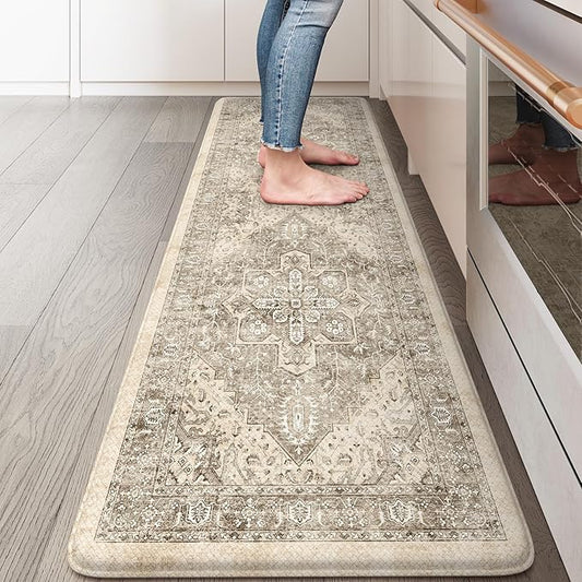 KIMODE Anti Fatigue Kitchen Mat, Cushioned Boho Oriental Kitchen Runner, Non Slip Waterproof Kitchen Mat for Floor, Comfort Foam Standing Desk Mat for Laundry, Office, Sink Khaki 17.3"x59"