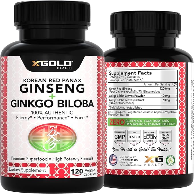 Korean Red Panax Ginseng 1200mg + Ginkgo Biloba -120 Vegan Capsules - High Ginsenosides Extra Strength Root Extract Powder Supplement for Energy, Performance & Focus Pills for Men & Women