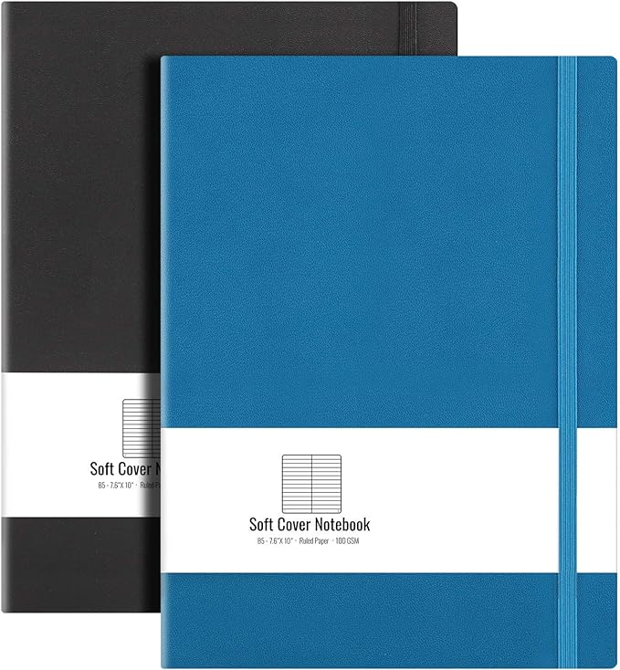 B5 College Ruled Notebook Softcover Journals(2-Pack)- AHGXG Large Composition Notebook 7.6 x 10 inch with Thick 100gsm Lined Paper, Total 408 Numbered Pages (Black Blue)
