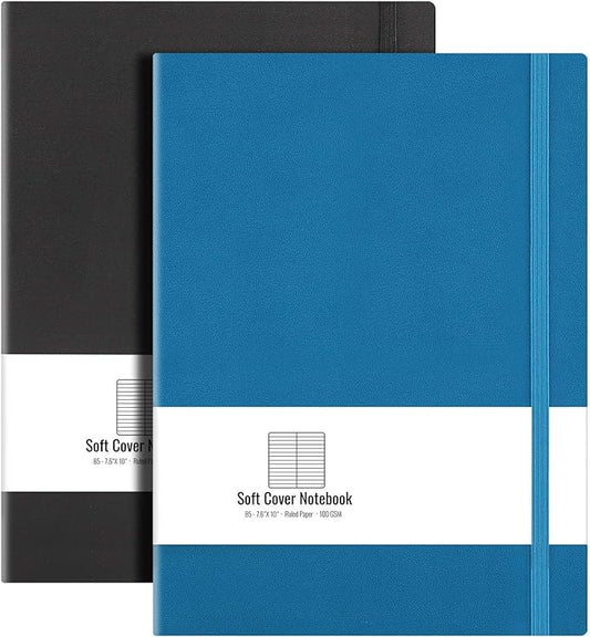 B5 College Ruled Notebook Softcover Journals(2-Pack)- AHGXG Large Composition Notebook 7.6 x 10 inch with Thick 100gsm Lined Paper, Total 408 Numbered Pages (Black Blue)
