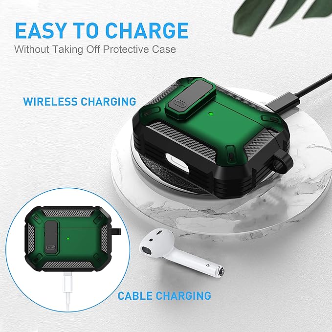 Maxjoy for AirPods Pro Case Cover with Lock, AirPods Pro 1st Generation Case for Men Military Rugged Protective Cover with Keychain Compatible with Apple AirPod Pros 2019 Front LED Visible, Green