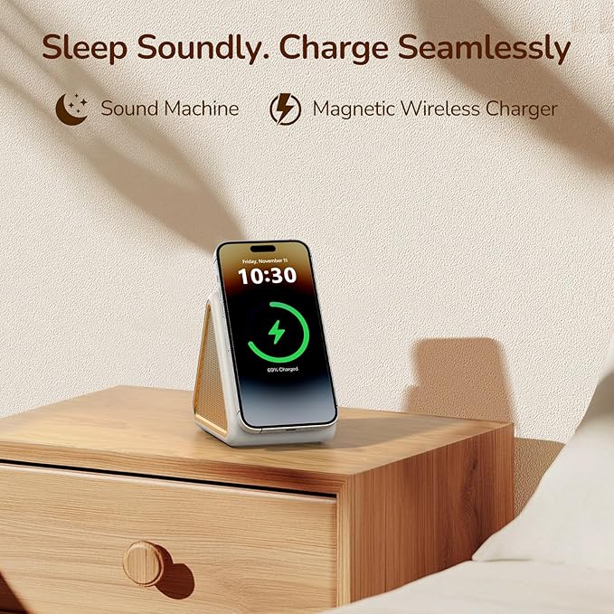 Housbay Sound Machine with Magnetic Wireless Charger for iPhone,2-in-1 Design for Clutter-Free Nightstand,Dual-Speaker Stereo Sound for Sleeping - Cream