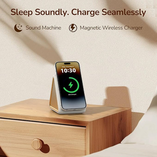 Housbay Sound Machine with Magnetic Wireless Charger for iPhone,2-in-1 Design for Clutter-Free Nightstand,Dual-Speaker Stereo Sound for Sleeping - Cream