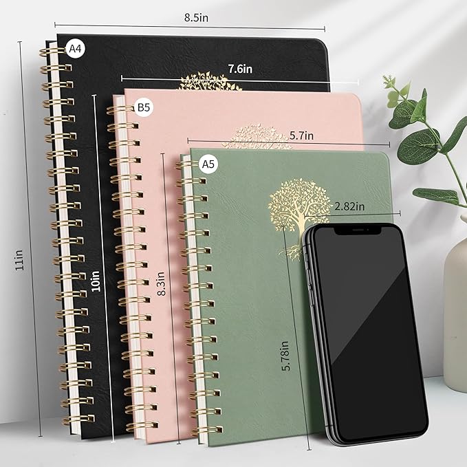 RETTACY Bullet Dotted Journal Notebook, 140 Pages, B5 Medium Size (7.6" × 10"), Leather Hardcover, 100 GSM Thick Paper, Spiral-bound, for Bullet Journaling, Planning, Tracking (Dark Green)