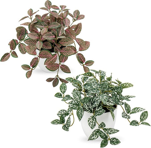 Hollyone Fake Plants 2 Packs Artificial Plants Indoor Faux Plants with White Plastic Pot Small Fake Potted Plant for Home Aesthetic Living Room Bathroom Desk Shelf Office Decor