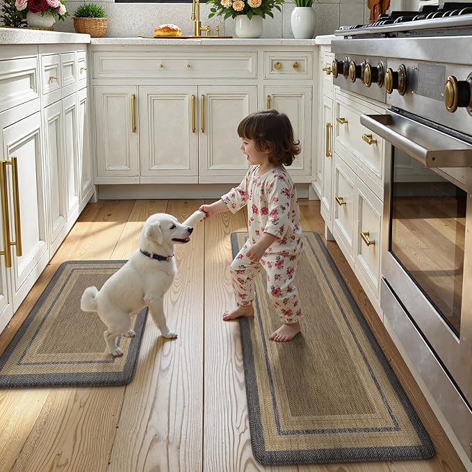 KIMODE Anti Fatigue Kitchen Mats 17"x47"+17"x29", Farmhouse Kitchen Rugs Sets of 2, Non Slip Kitchen Mats for Floor, Cushioned Comfort Standing Mats for Sink Laundry Office Desk Grey/Brown