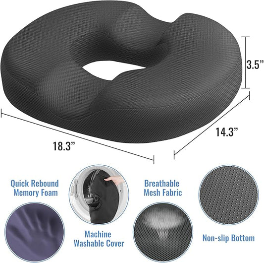 CloudBliss Donut Pillow Seat Cushion for Tailbone Pain Relief and Hemorrhoids, Memory Foam Seat Chair Cushion for Postpartum Pregnancy, Seat Cushions for Men and Women for Home & Office, (Grey-XL)