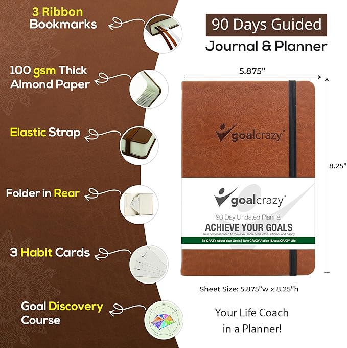 Undated Planner - 90 Day Guided Journal, 2025 2026 Weekly Organization, Productivity Habit Tracker, Inspirational, Life Setting, Brown Leather, Almond Pages