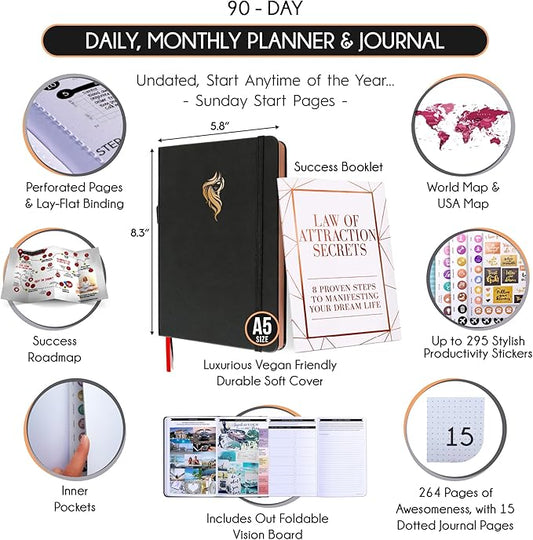 Gratitude Journal for Women & Men - 5 Minute Self Care Journal | 90-Day Undated Daily Planner for Positivity, Affirmations & Manifestation | Guided Mindfulness, Reflection | Vision Board + Stickers