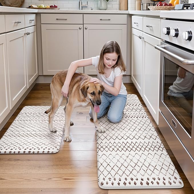 KIMODE Kitchen Mats 2PCS,Cushioned Anti Fatigue Boho Kitchen Rugs and Mats,Non Slip Waterproof Kitchen Mats for Floor,Comfort Foam Standing Desk Mat for Home,Office,Sink,Laundry,Brown and White