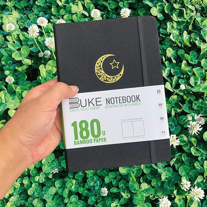 BUKE Dotted Journal,A5 Hardcover Dot Grid Notebook 180Gsm Bamboo White Paper, 5 * 5MM Dots 160 Pages, Lay Flat Binding,Colored Silver Edges, Bookmarks and Expandable Back Pocket MOON