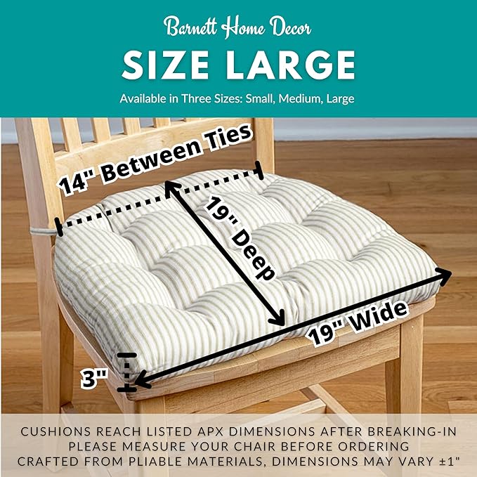 Barnett Home Decor Cotton Duck Black Dining Chair Pad with Ties - 19 x 19 Size Large Chair Cushion - Latex Foam Fill - Machine Washable, Reversible, Solid Color, 100% Cotton, Made in USA