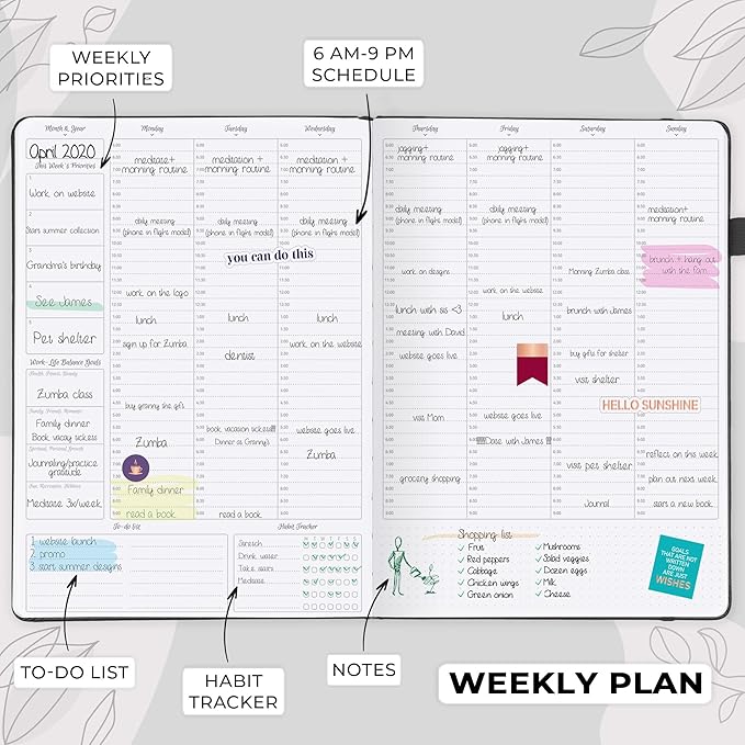 GoGirl Planner PRO Schedule - Undated Planner with Hourly Time Slots, Monthly, Weekly & Daily Organizer, Appointment Book for time Management, 7"x10" Hardcover, Lasts 1 Year - Black