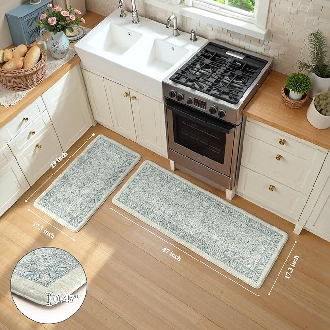 KIMODE Anti Fatigue Kitchen Mats for Floor, Boho Vintage Kitchen Rugs Sets of 2, Cushioned Kitchen Floor Mats Non Slip, Comfort Rugs for Kitchen Floor, Sink, Laundry, Desk Blue 17"x47"+17"x29"