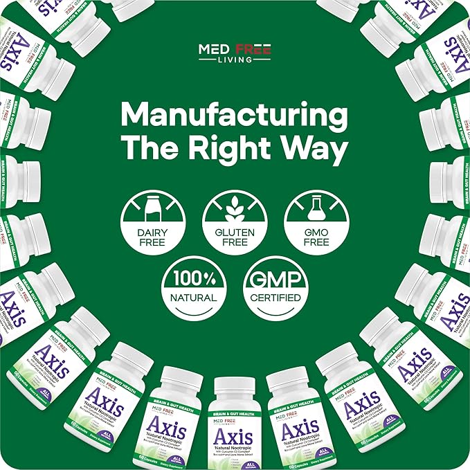 Axis Natural Brain Supplement with Curcumin C3 Complex, Bacopin, and Lion's Mane Extract - Brain & Gut Health Support, Focus, Energy, Stress Relief - 60 Capsules, All-Natural, Med Free Living (1)