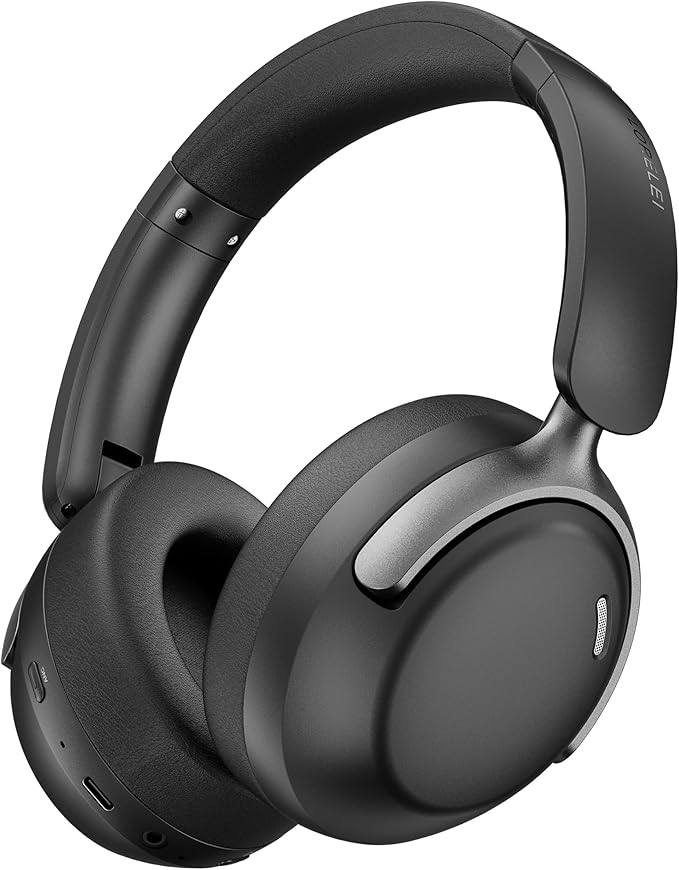 LORELEI QC30 Hybrid Active Noise Cancenlling Headphones,Wireless Over Ear Bluetooth Headsets with Microphone, 60H Playtime Foldable Lightweight, Deep Bass, Memory Earmuffs (Space Black)
