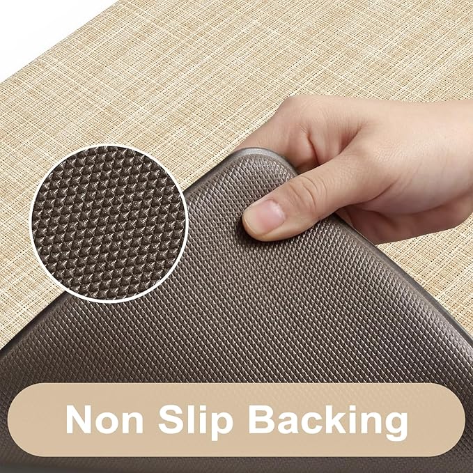 KIMODE Kitchen Mats Cushioned Anti Fatigue 17"x47"+17"x29", Beige Padded Kitchen Floor Mats Non Slip, Comfort Textilene Kitchen Mats for Floor, Standing Mat for Laundry Office Sink Desk