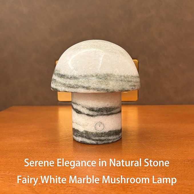 Handcrafted Natural Stone Mushroom Lamp - Rechargeable Bedside LED Night Light with Type-C Port, Unique Marble Table Lamp for Modern Interiors