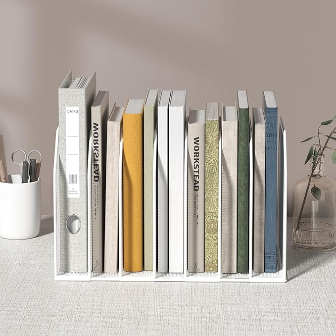 Metal 7 Section File Folder Organizer for Desk | Vertical Office File Holder | Heavy-Duty Mesh Document Sorter for Books, Binders, Laptops | White Desk Organizer (12.8”x8.5”x7.9”)