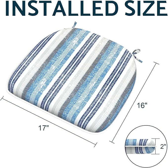 Indoor/Outdoor Chair Cushions 16x17 Inch, Patio Chair Cushions with Ties, All Weather Seat Cushions for Patio Furniture Home Garden Chair Use, Set of 4, Stripe Layered Blue
