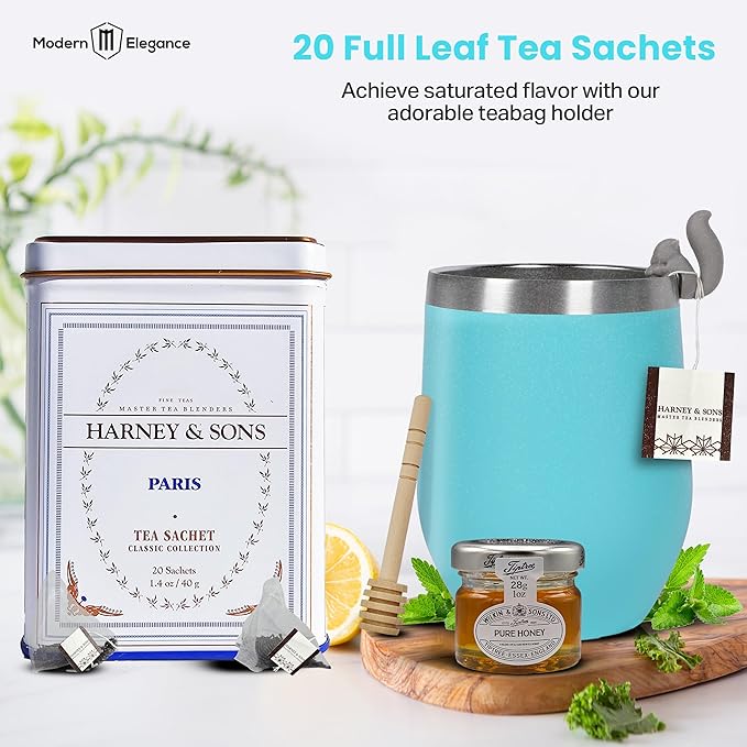 Tea Gift Set for Women – Thoughtful Get Well Gift Box with Cozy Socks, Stainless Tumbler, 20 Tea Sachets, Honey Jar & Sending Hugs Card (Paris Teaa -Heart Socks)