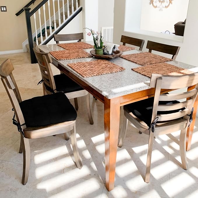 Barnett Home Decor Dining Chair Cushions with Ties – Size Small 15 x 17 - Latex Foam Fill, 100% Cotton, Machine Washable Chair Pads for Kitchen Chairs, Made in USA (Cotton Duck Black/Pack of 2)