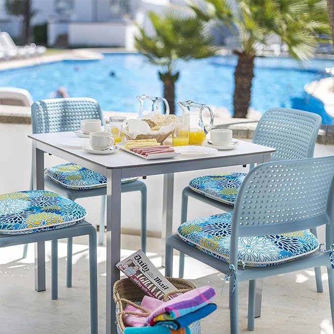 Indoor/Outdoor Chair Cushions 16x17 Inch, Patio Chair Cushions with Ties, All Weather Seat Cushions for Patio Furniture Home Garden Chair Use, Set of 2, Dahlia Blue