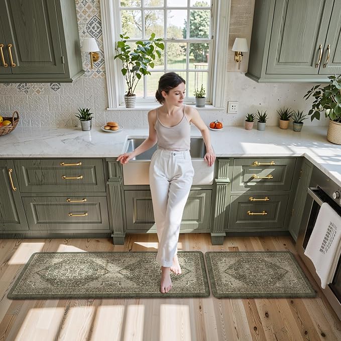 KIMODE Anti Fatigue Mats for Kitchen Floor 17"x47"+17"x29", Boho Kitchen Rugs Sets of 2,Cushioned Kitchen Floor Mats, Comfort Standing Mat for Laundry, Office, Sink, Desk Dark Green