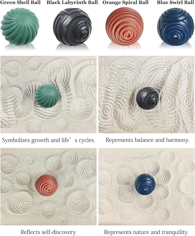 Artcome Jpanese Mini Zen Garden Kit for Desk - Bamboo Sand Tray with 4 Unique Zen Balls & Rake Tools - Relaxation and Meditation Sand Garden for Office, Home & Mindfulness Therapy - Ideal for Gift