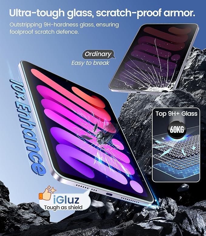 iGluz 2 Pack for iPad Mini 8.3"(A17 Pro 7th/6th Gen 2024/2021) 9H+ Tempered Glass Screen Protector with Easy-Install Box[12FT Grade Shatterproof] Apple Pencil Compatible,HD Clarity,Scratch Resistant