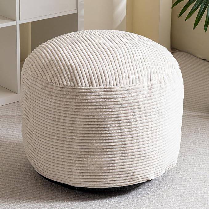 HIGOGOGO Round Stuffed Pouf Ottoman, Corduroy Poufs with Foam Chunk Filling, Furry and Fluffy Pouf Foot Stool Storage Ottoman, 26 X 18 Floor Poufs Foot Rest for Living Room, Beige