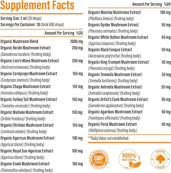 Liposomal Mushroom Complex Drops 2000 MG - 20 Organic Mushroom Extracts - Advanced Liquid Formula for Immunity, Cognitive and Memory - Lions Mane Supplement, Reishi, Cordyceps, Chaga, 90 Servings