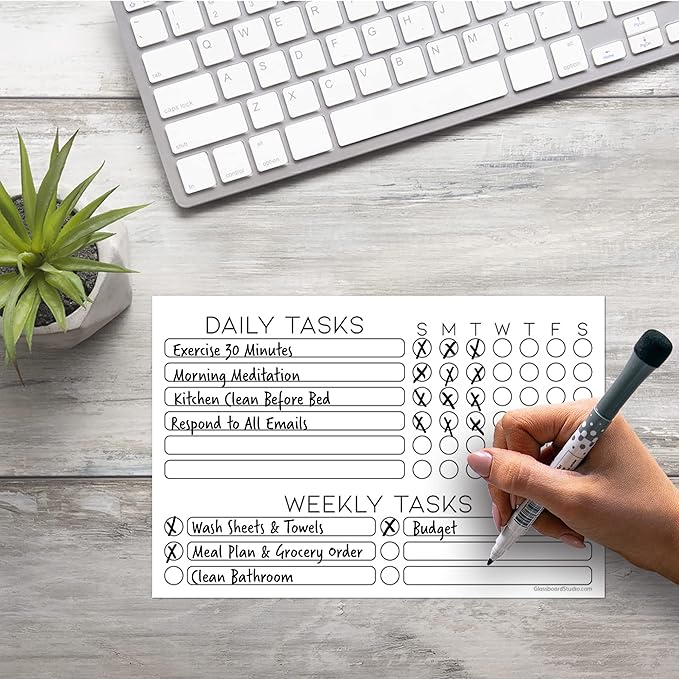Dry Erase Whiteboard Task Planner by Glassboard Studio | Removable and Restickable Adhesive Decal | Fine-Tip Magnetic Marker Included (6 x 9 inches, White)