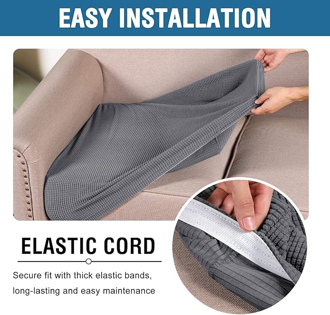 H.VERSAILTEX High Stretch Individual Seat Cushion Covers 3 Pack Thick Jacquard Textured Twill Fabric Sofa Slipcovers for 3 Couch Cushion Washable Couch Cover for Living Room Outdoor Patio,Grey